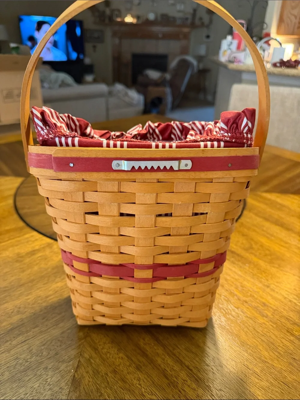 Longaberger Red Plaid Lined Natural Wood Handled Basket